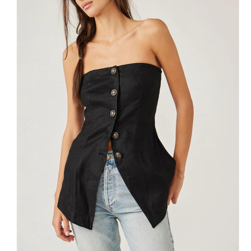 Free People Between Us Tube Top Black Strapless Button‎ Front Linen Blend Sz XS